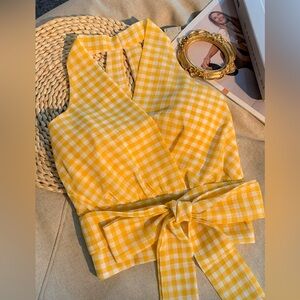 EMBOSSED GINGHAM TIE-WAIST HALTER CROP TOP IN MUSTARD